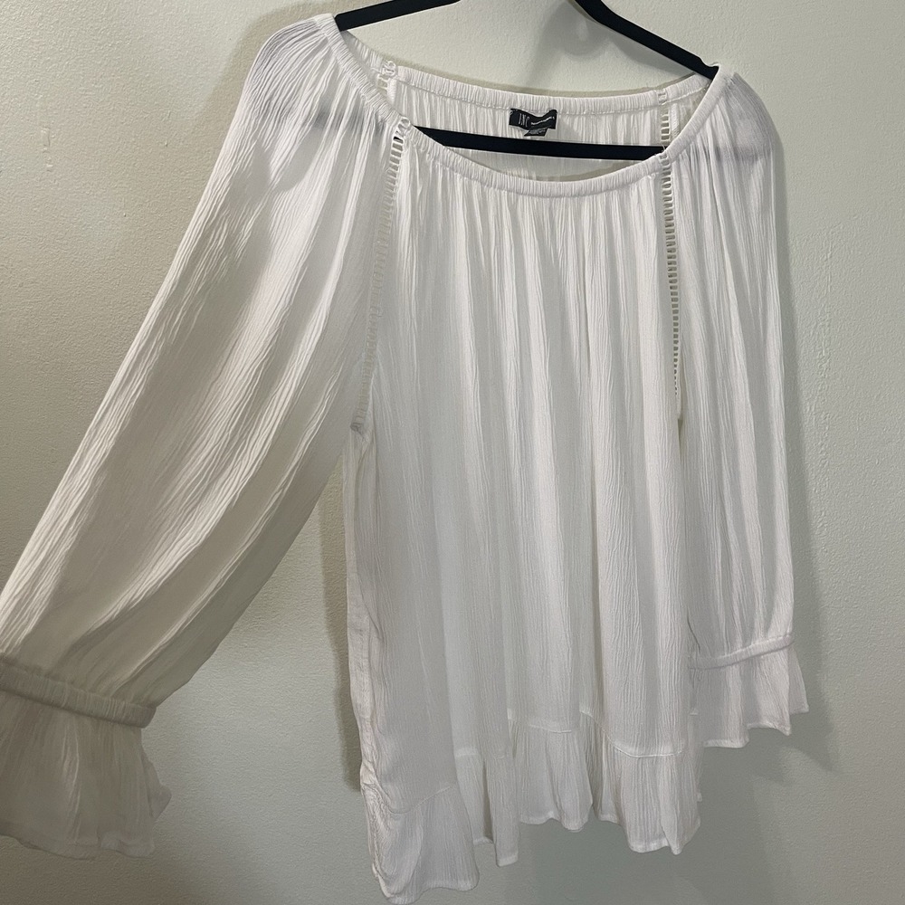 INC International Concepts White Boho Blouse Large Bell Sleeve Rayon Top